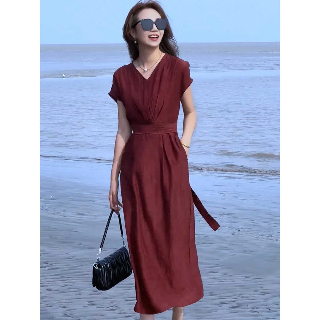 高级感气质V领显瘦醋酸连衣裙女夏季2025新款法式长裙轻熟风裙子