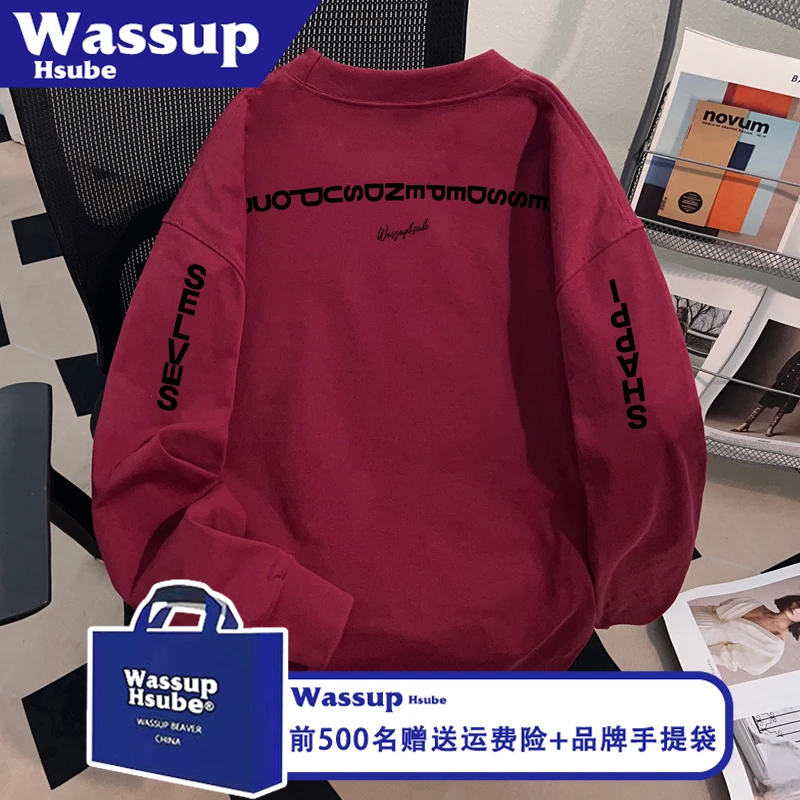 WASSUP HSUBE秋冬美式100%纯棉酒红长袖T恤潮酷字母印花男女上衣