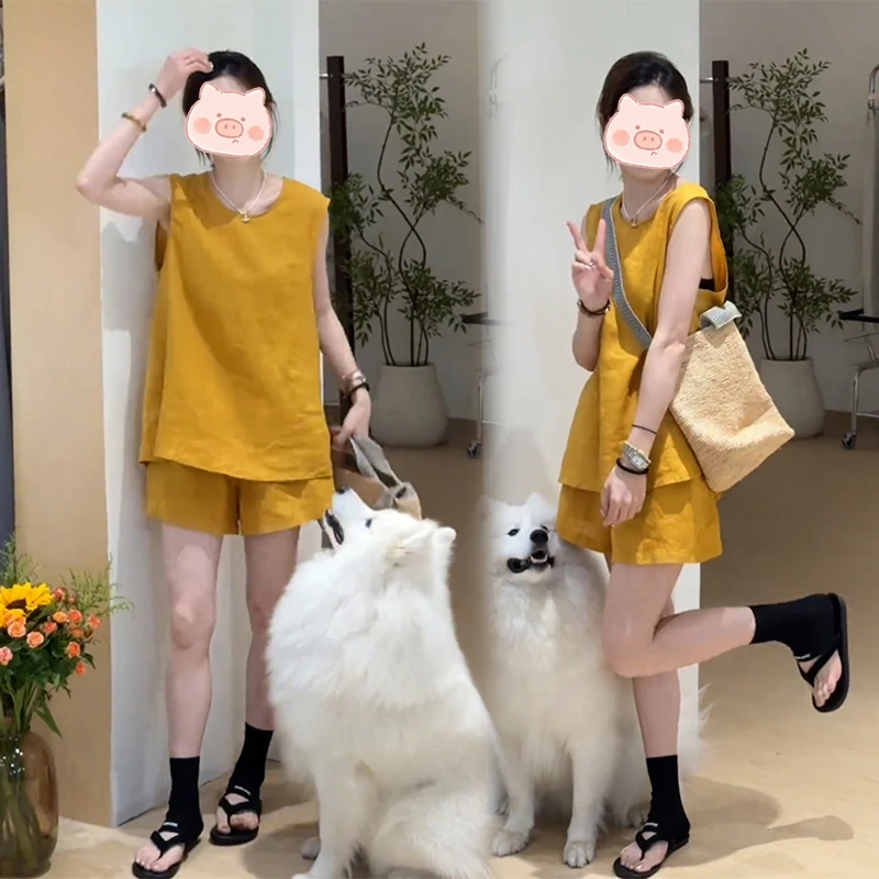 时尚洋气套装女夏季爆款韩版设计感小众遮肉无袖上衣短裤两件套潮