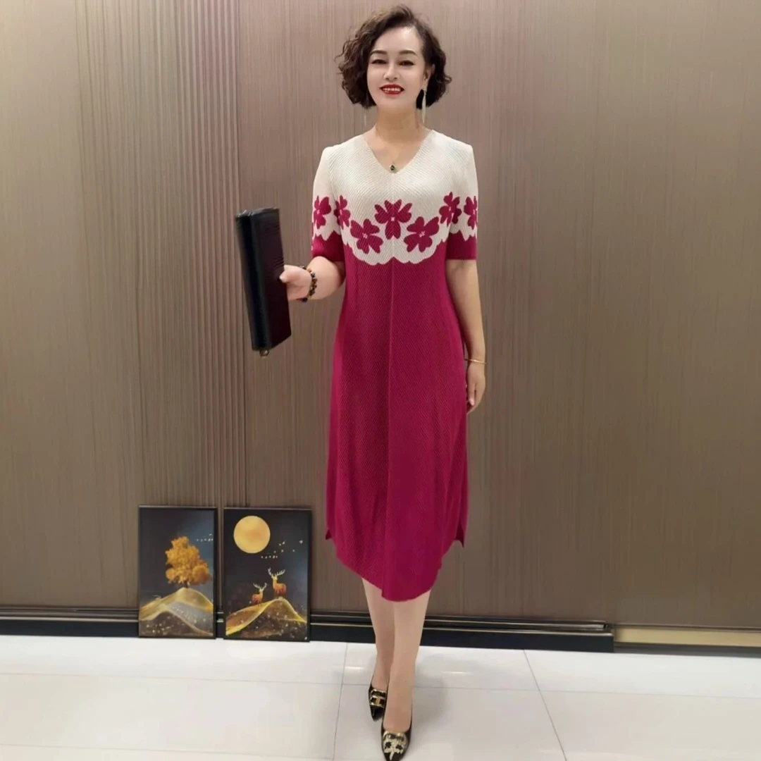 时尚洋气中年妈妈装褶皱夏季短袖气质大码长裙冰丝弹力百褶连衣裙