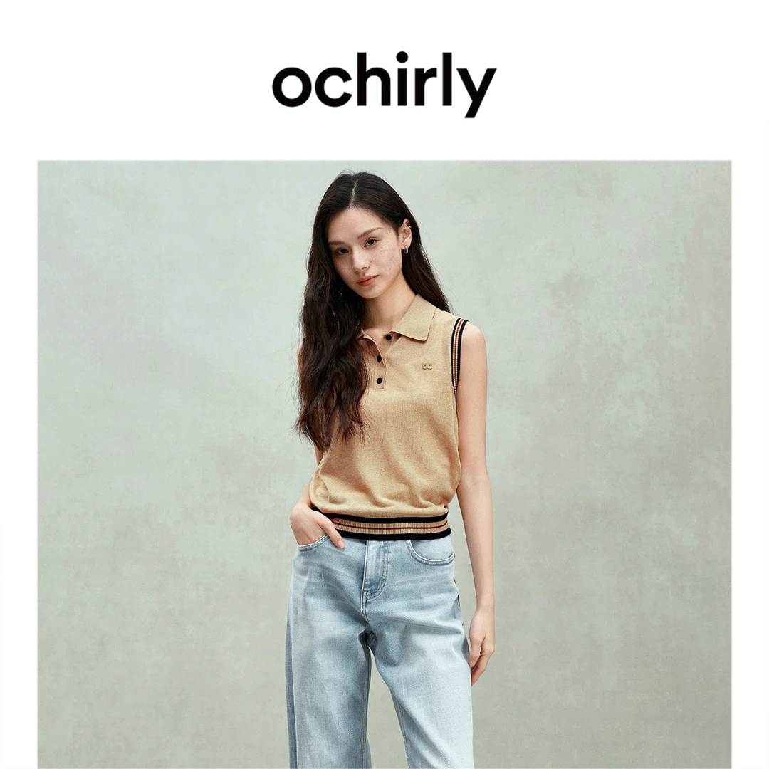 ochirly欧时力天丝亚麻polo领条纹无袖针织衫女上衣25春