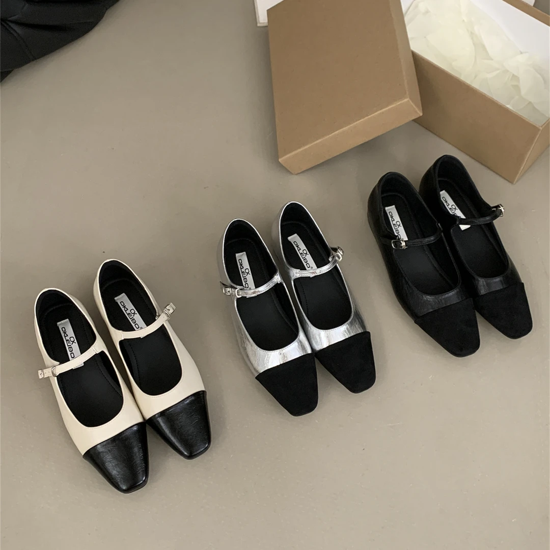 方头芭蕾舞鞋2025春秋季新软粗低跟舒适浅口气质晚风一字扣带单鞋