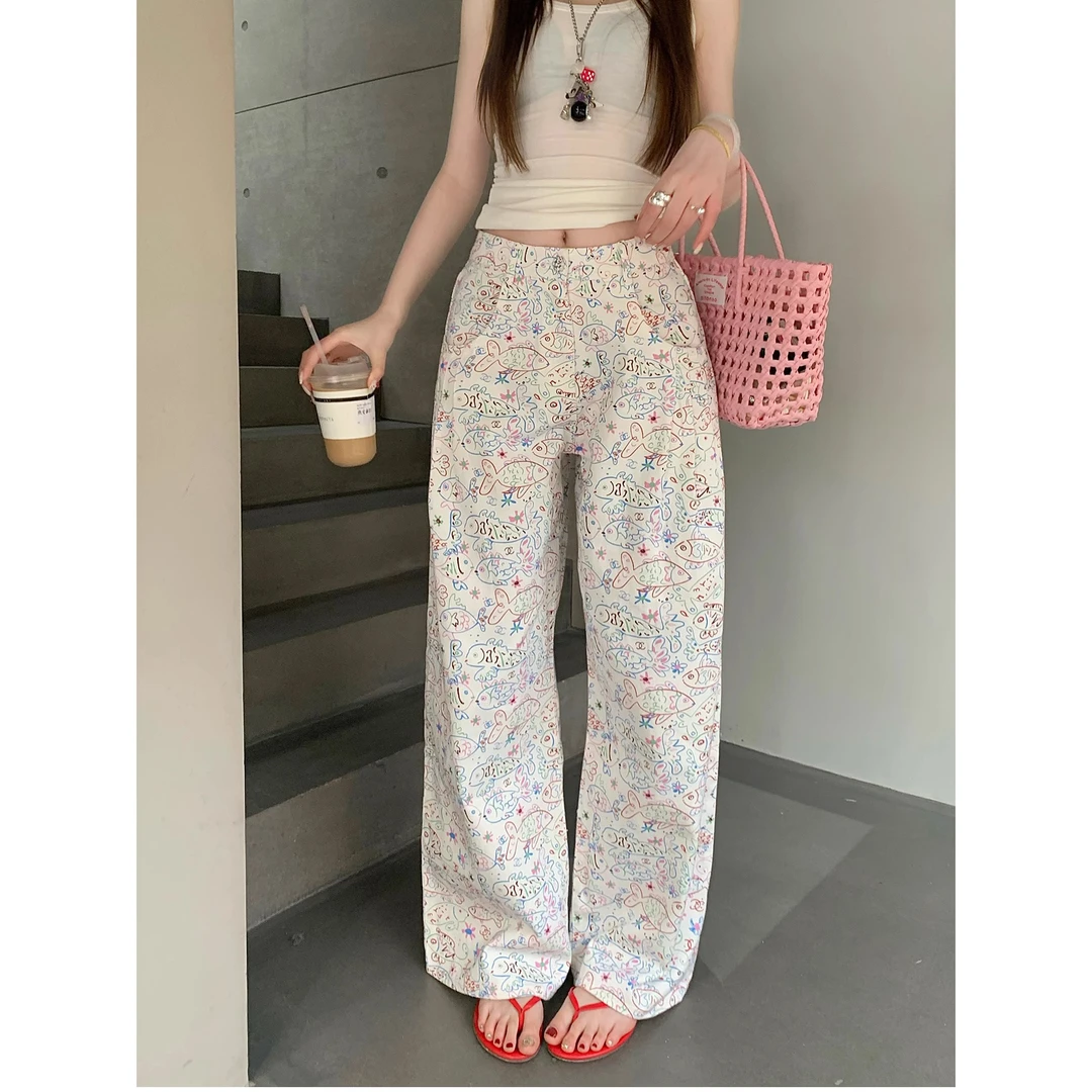 小鱼涂鸦裤女白色卡通印花直筒阔腿裤女春2025辣妹宽松休闲拖地裤