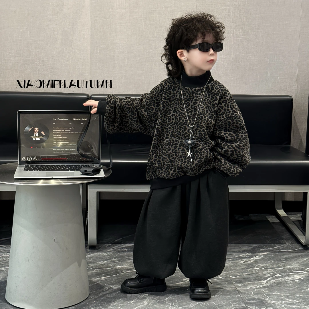 【现货】套装2025秋新款豹纹加绒卫衣裤子韩版男童装洋气宝宝SM167