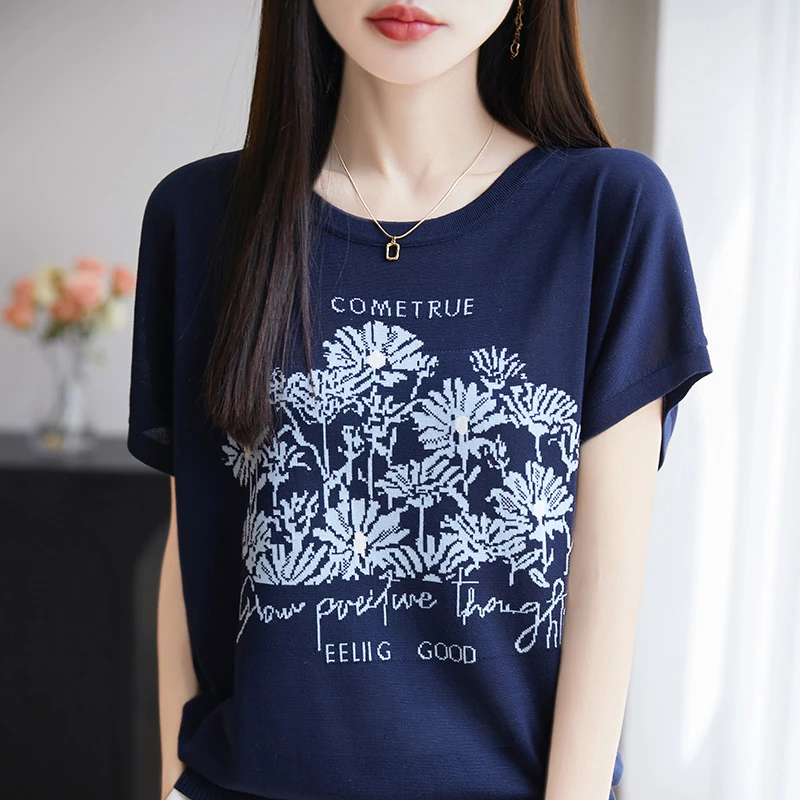 夏季休闲民族风针织T恤百搭时尚莱赛尔印花圆领针织短袖 轻奢半袖