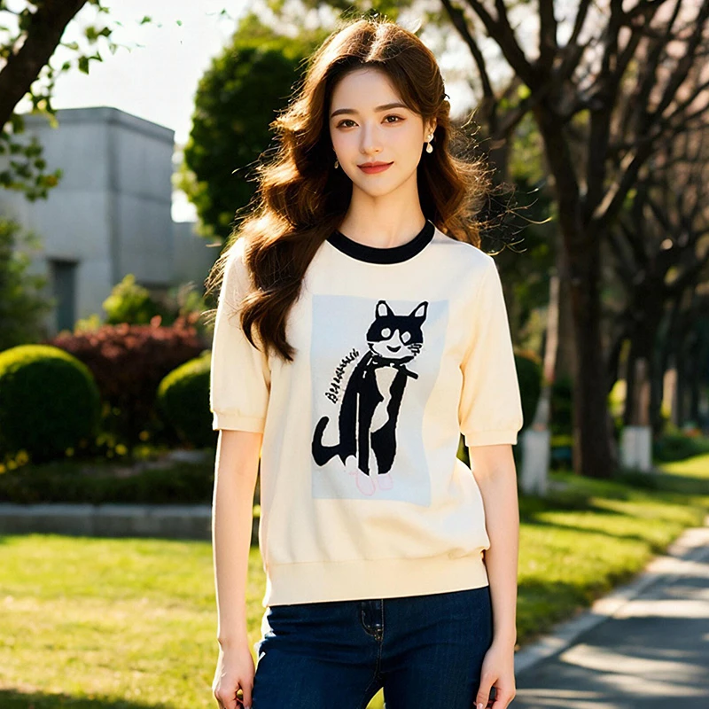 奢姿大码女装2025夏季卡通图案减龄针织衫胖妹妹时尚圆领百搭上衣