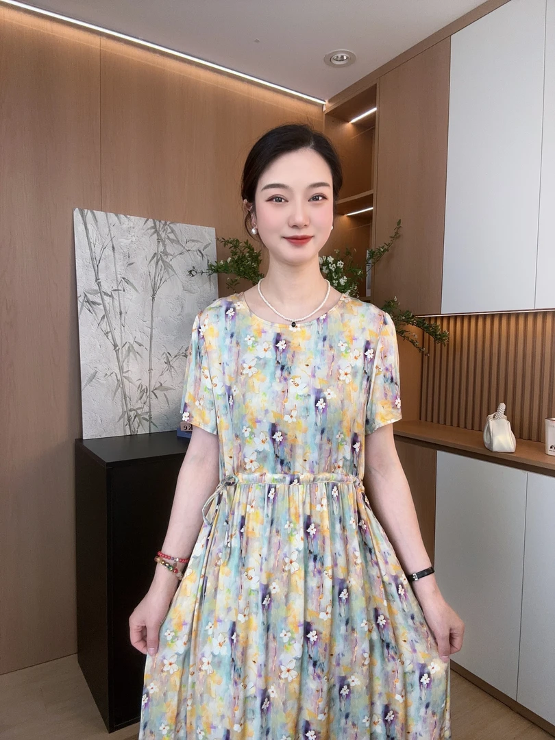 【倾城】月落纱高端贡缎棉绸连衣裙复古时尚气质收腰系带中长款裙子