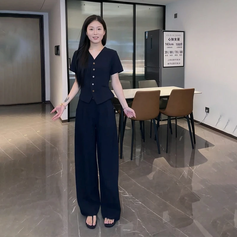 2025夏季新款通勤气质收腰V领短袖上衣阔腿裤休闲西装两件套装女