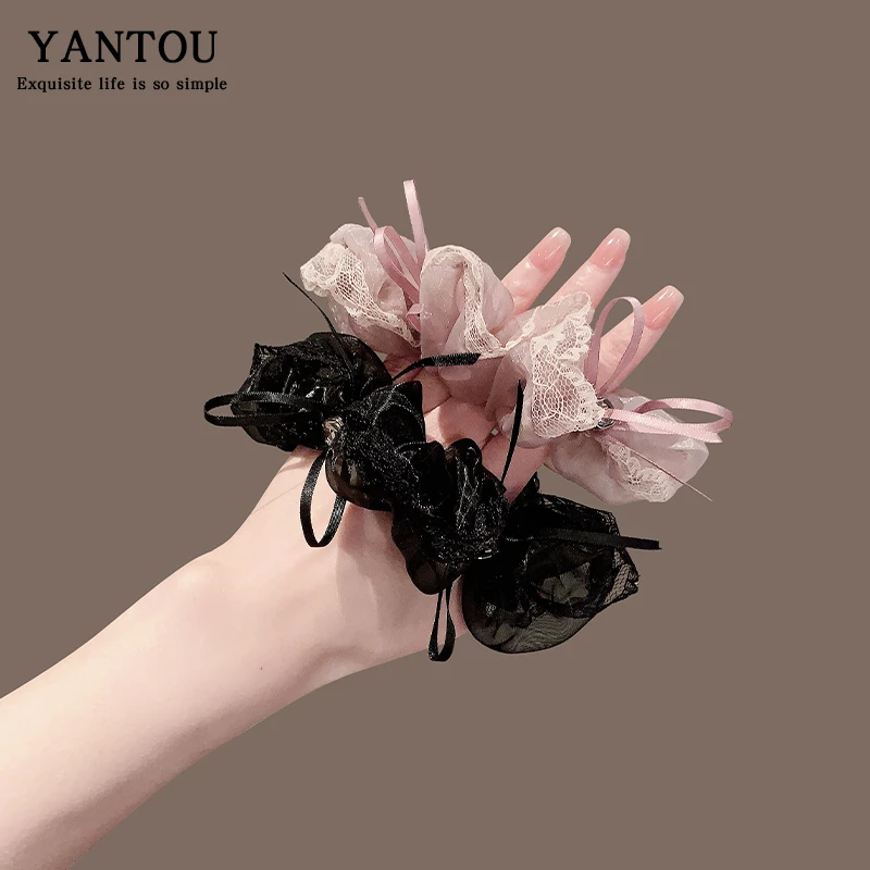 超仙蕾丝欧根纱蝴蝶结水钻发圈网红2025新款森系头绳