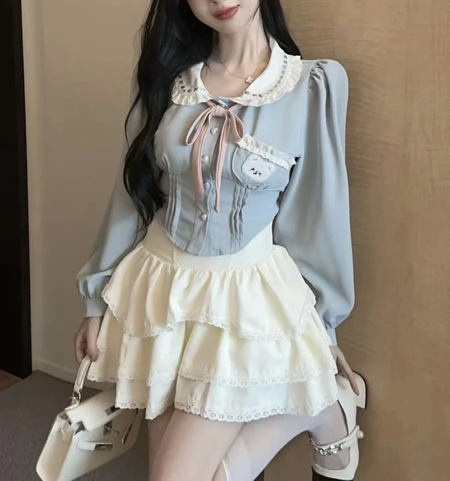 学院风甜美JK制服套装小个子显瘦领结衬衫上衣高腰蛋糕短裙两件套