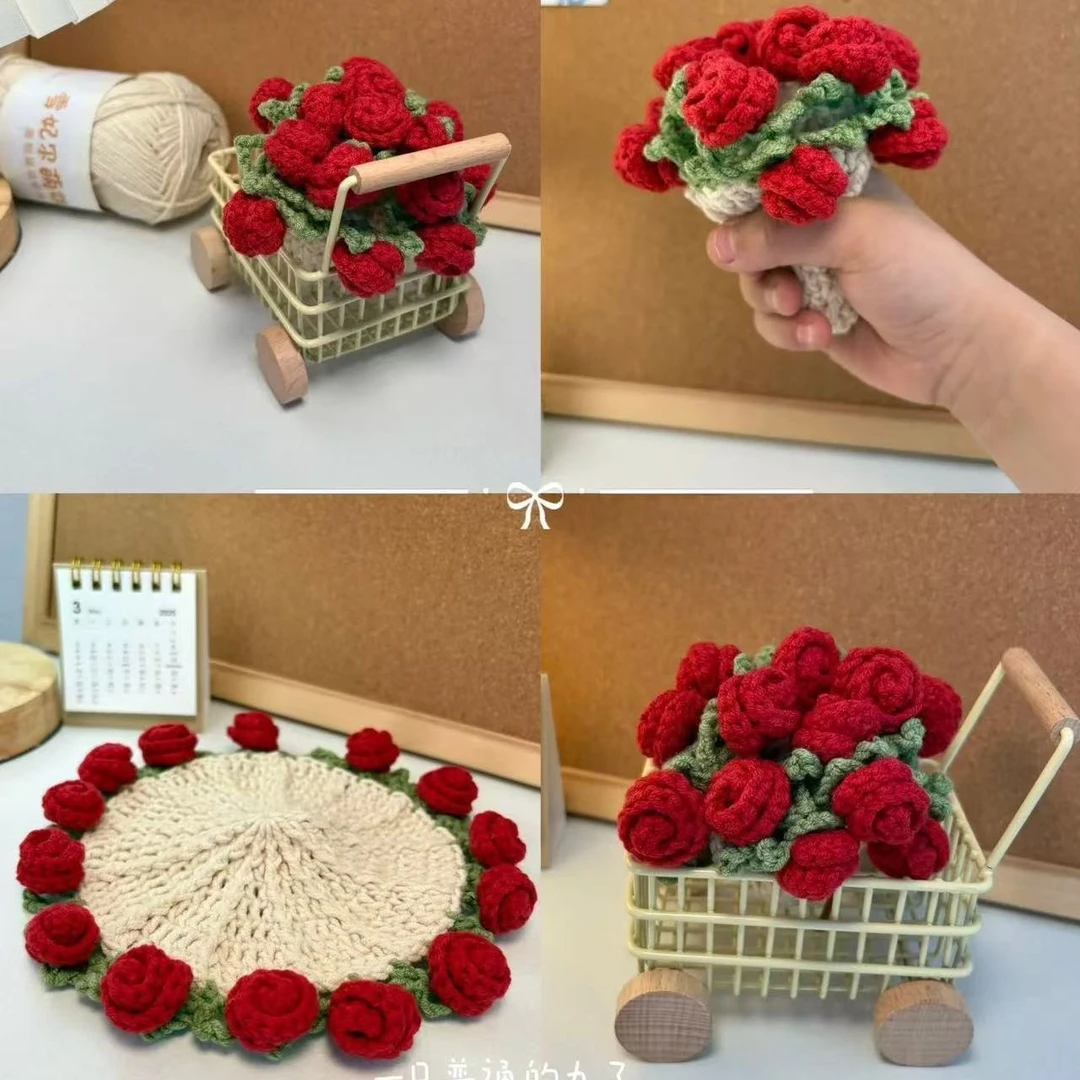 【成品发】手工diy玫瑰花束杯垫毛线钩织杯垫变手捧花束创意礼物