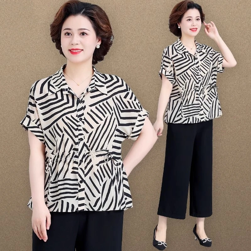 中年妈妈装2024夏装新款套装中老年女夏季条纹短袖衬衫上衣两件套