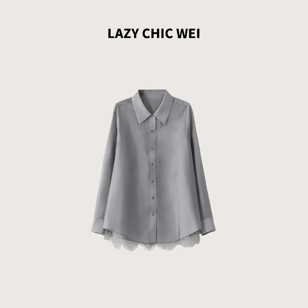 LAZY CHIC WEI “蓝海湾”莱赛尔混纺蕾丝掐腰凉感衬衫 25SSW1206