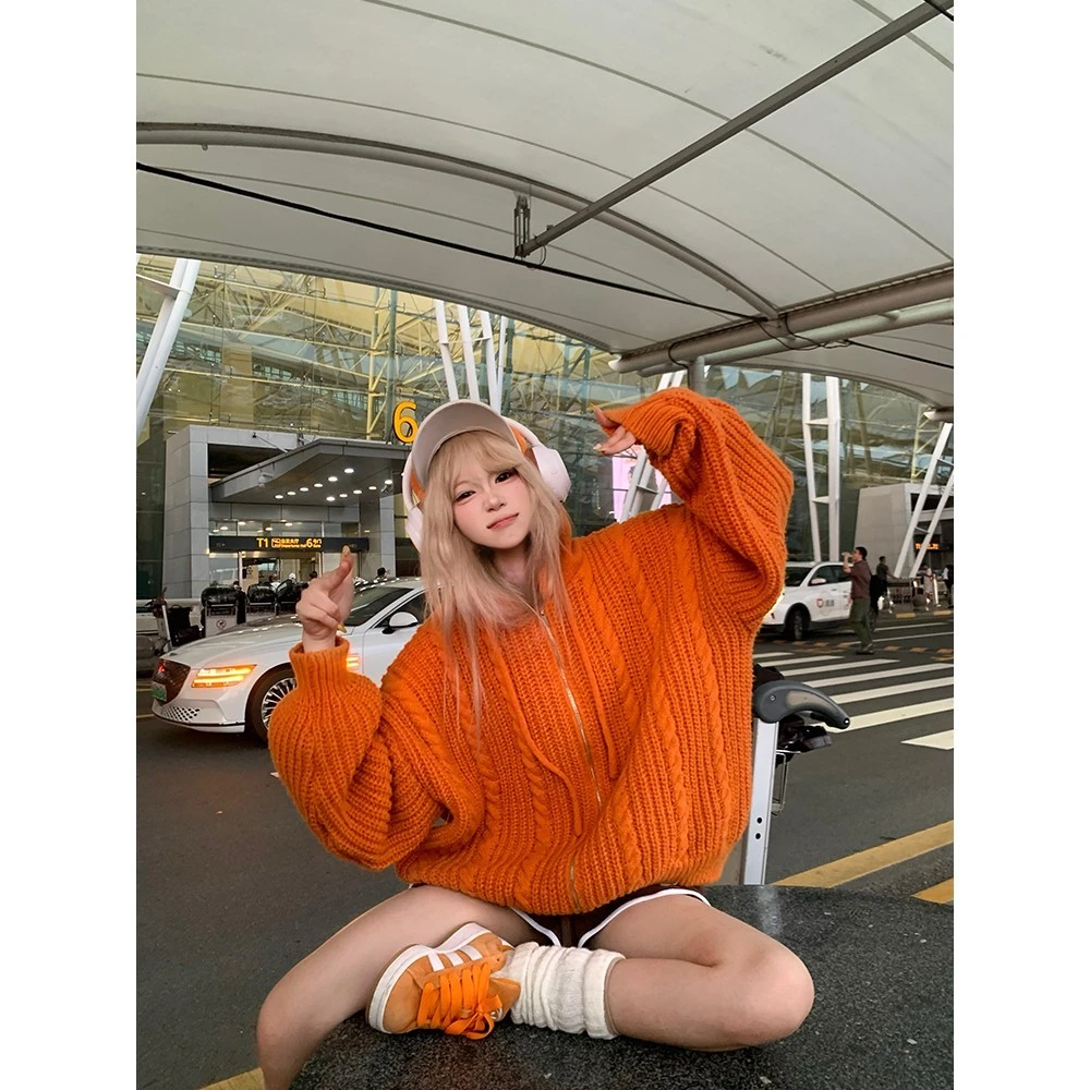 美式慵懒风麻花开衫针织连帽毛衣男女秋冬宽松潮流百搭多巴胺毛衫