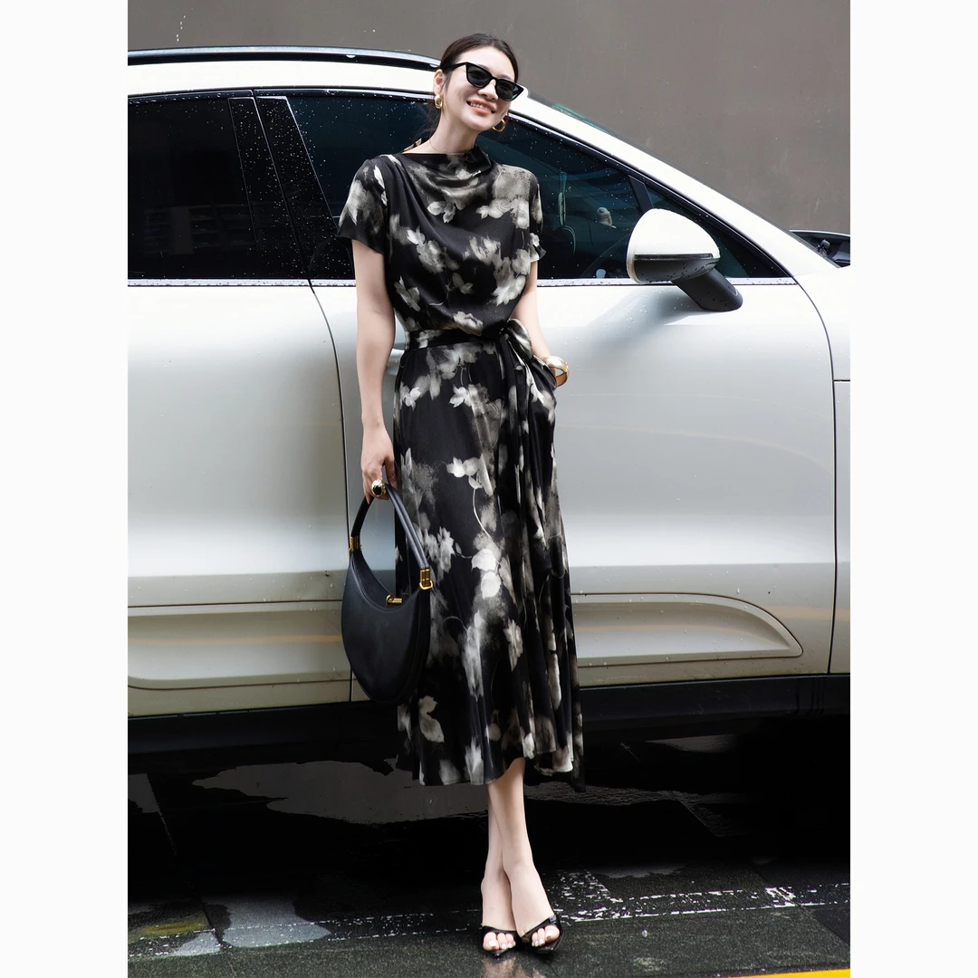 ZEROYK国风水墨印花连衣裙2025秋季新款设计感显瘦气质长裙