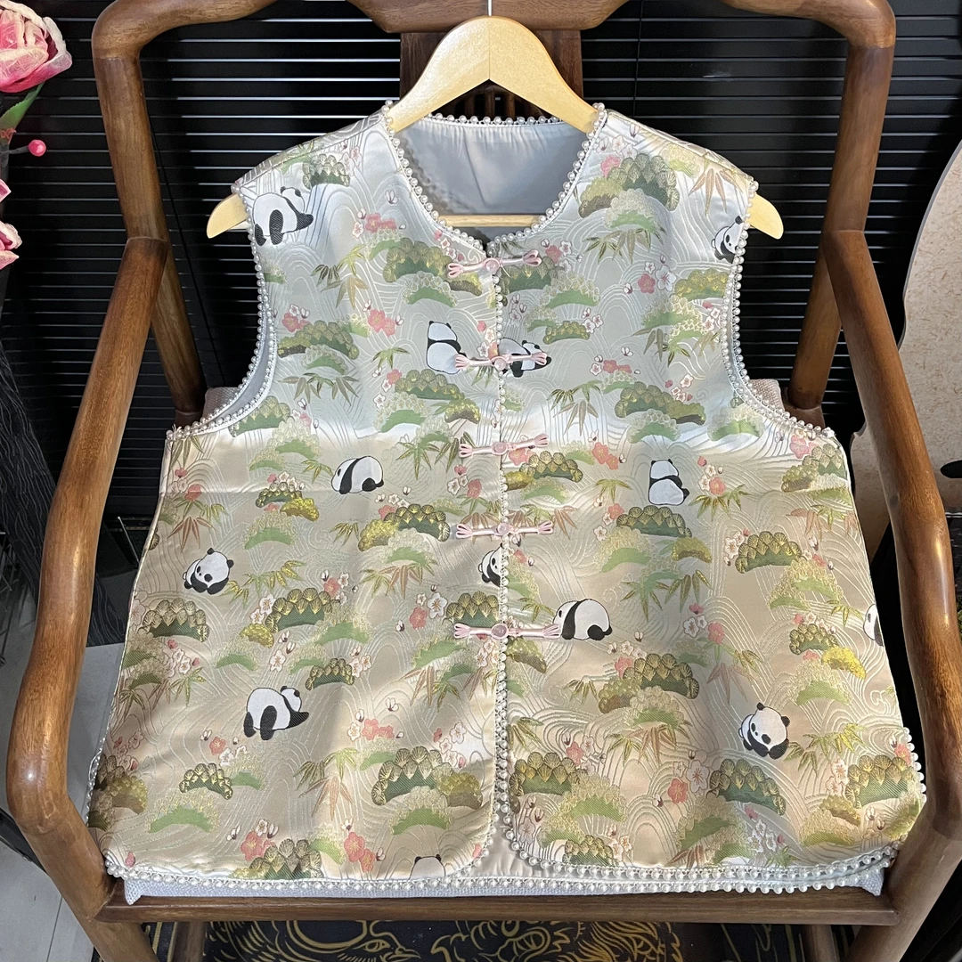 猫家YZM新中式国风时尚复古熊猫竹林休闲钉珠马甲762