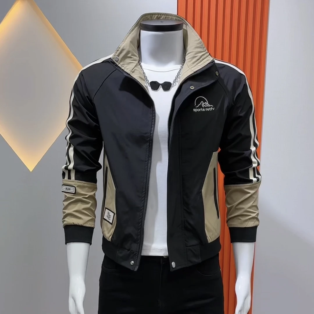 男士夹克外套2025新款春秋休闲百搭立领拼色夹克时尚潮流帅气褂子