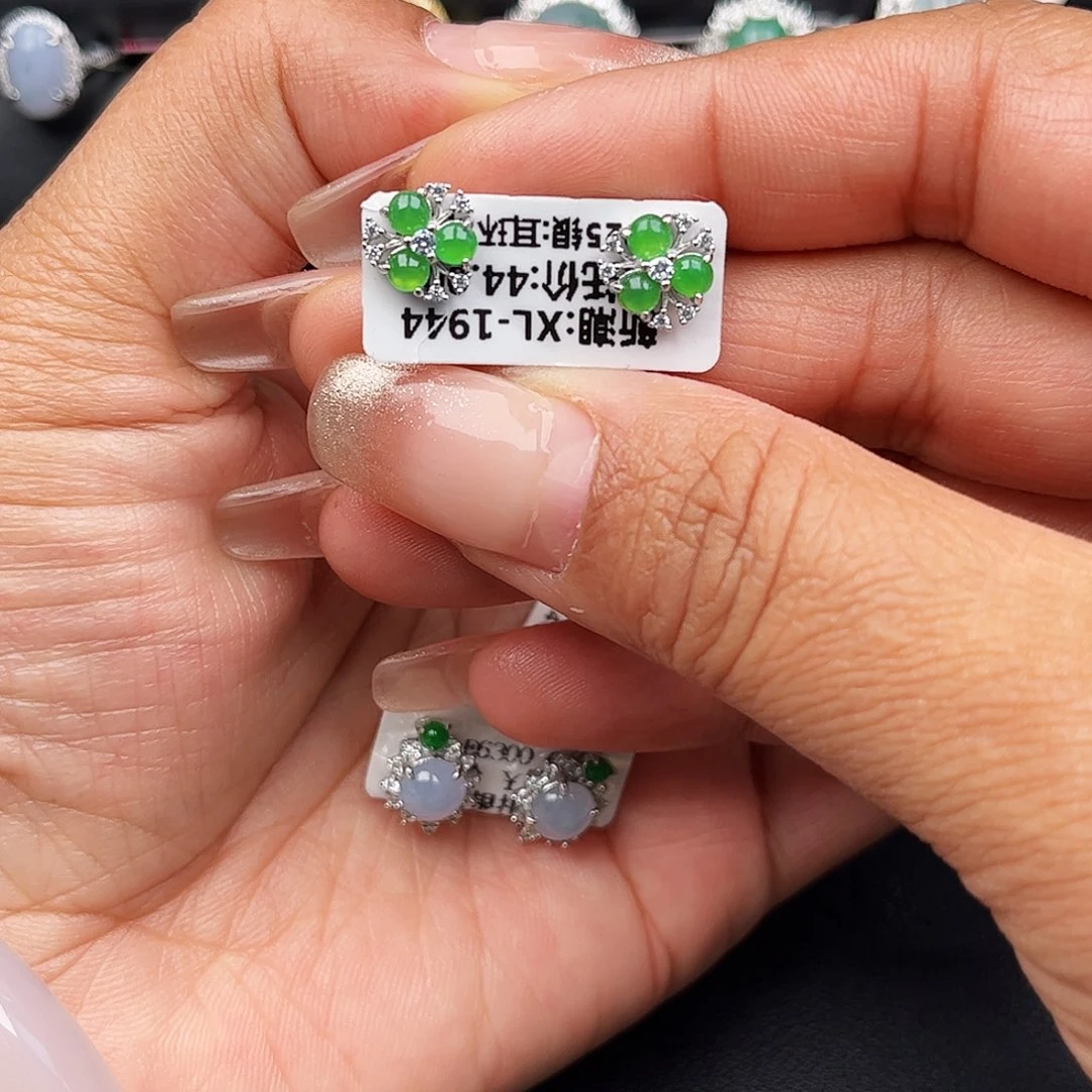 翡翠戒指银S925镶嵌缅甸天然A货翡翠耳钉