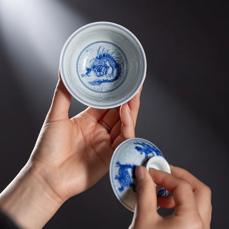 望月怀古青花龙生九子元宝盖碗景德镇茶具家用泡茶盖碗中式