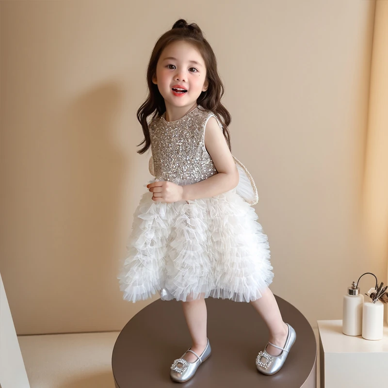女童无袖连衣裙夏季2025新款儿童背心裙亮片公主裙子宝宝翅膀纱裙