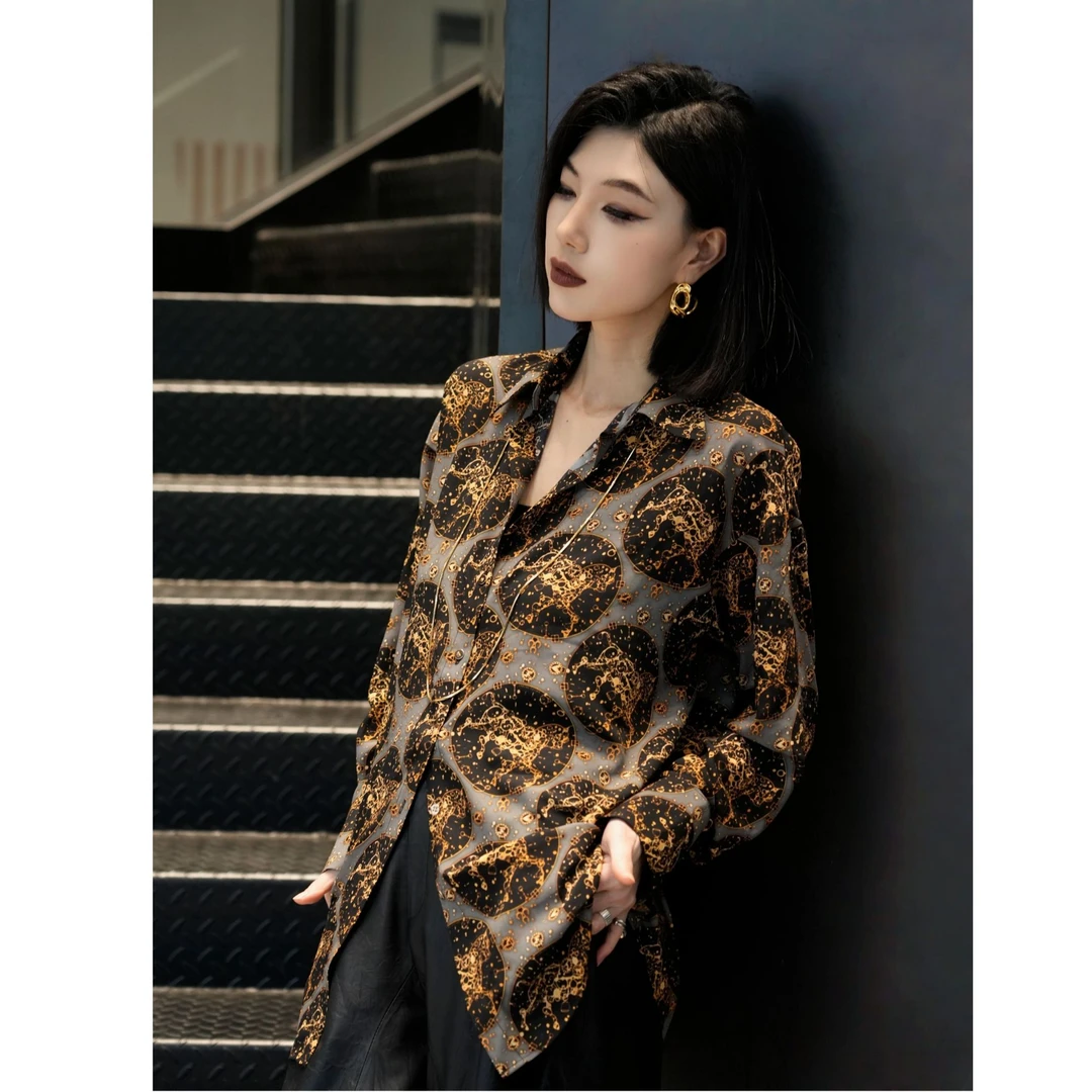 POPULARYW【星域系】Z·R上品屋古着长袖宽松印花春游衬衫