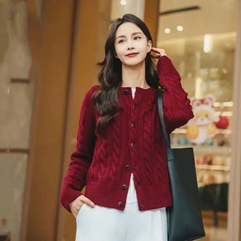 【商场同款】秋冬圆领百搭简约麻花纹长袖针织开衫外套1499248