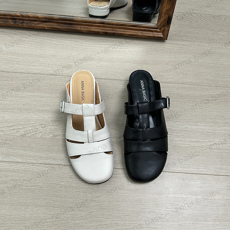 3cm/2046牛皮编织包头半拖鞋女外穿百搭夏季镂空罗马凉拖鞋平跟