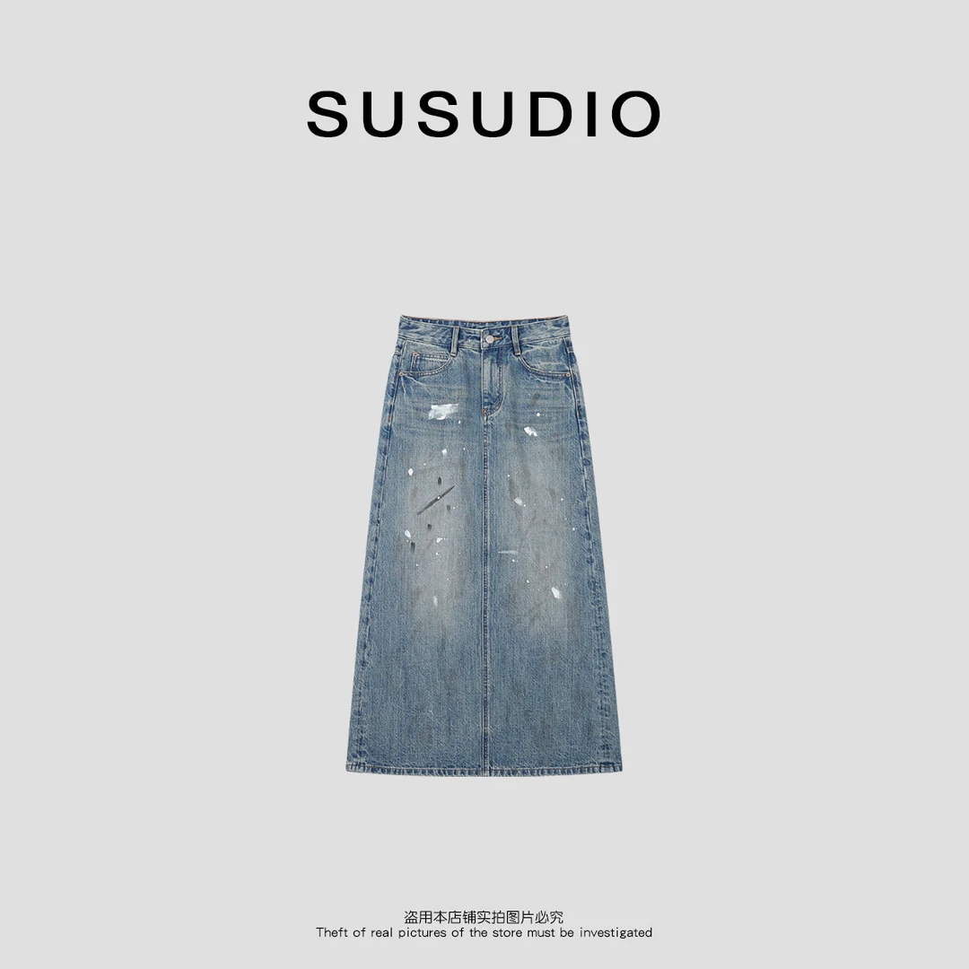 SUSUDIO 100棉 美式复古油漆泼墨水洗做旧后开叉牛仔半身裙 40483