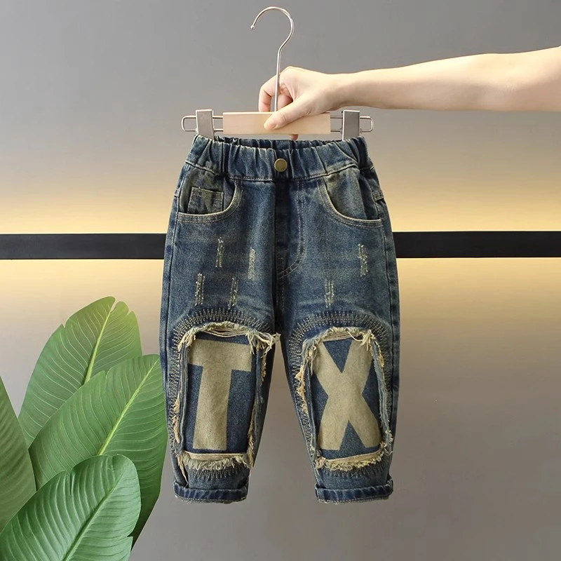 男童秋装破洞牛仔裤2025新款韩版宝宝春秋长裤儿童帅气时髦裤子潮