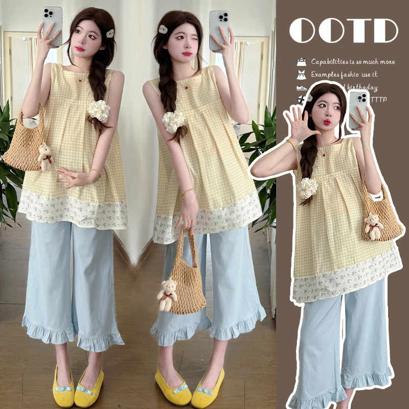 R309#3.12 夏季甜美格子上衣+花边裤两件套套装