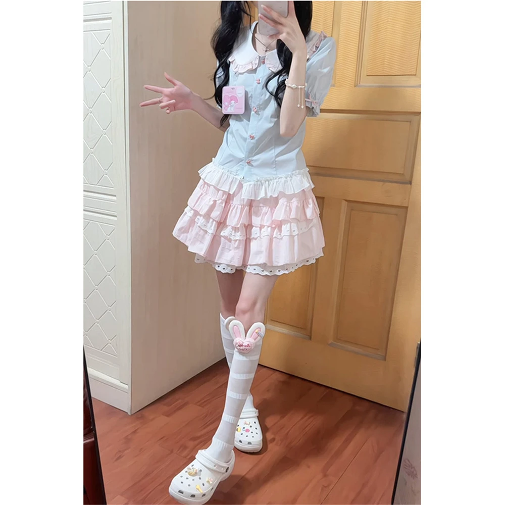 甜美蓝色可爱娃娃领泡泡袖lolita裙粉色花边半身裙衬衫两件套