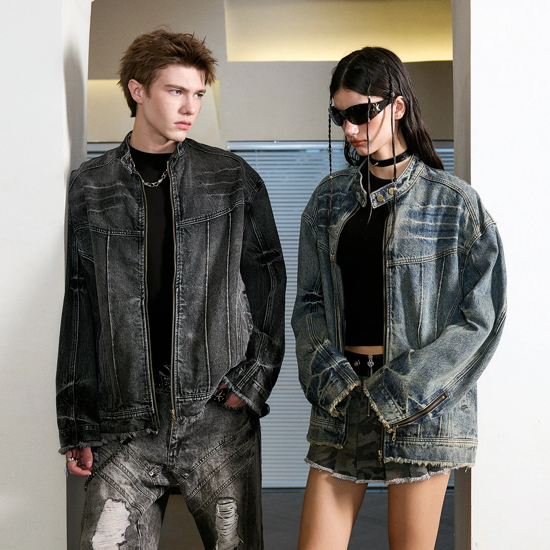FORNINES机甲做旧水洗牛仔夹克男女潮牌哈灵顿秋美式复古立领外套
