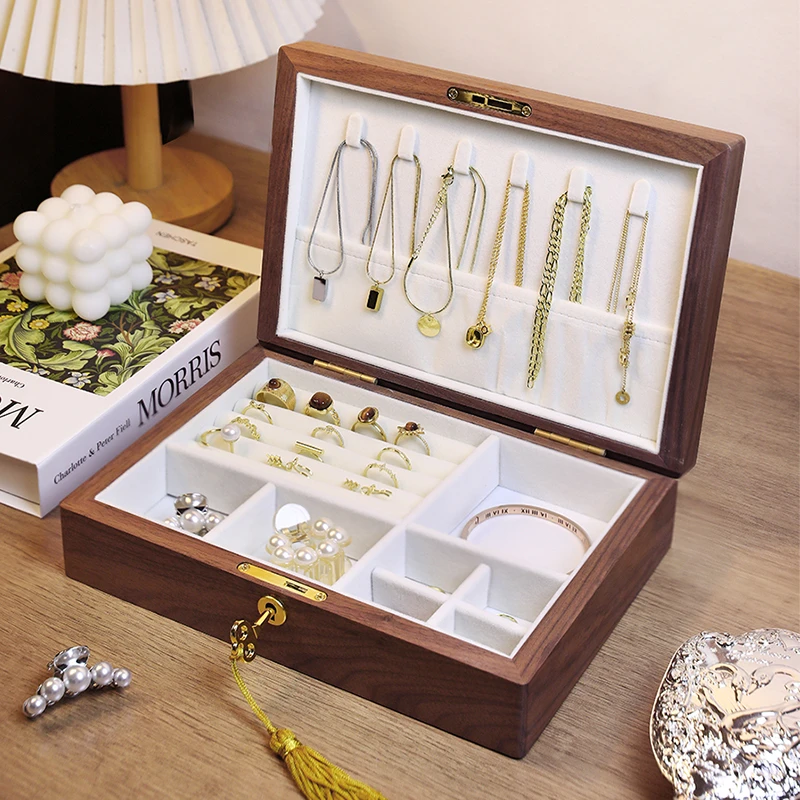 黑胡桃实木首饰收纳盒带锁存放金器高档轻奢精致黄金手饰品盒子