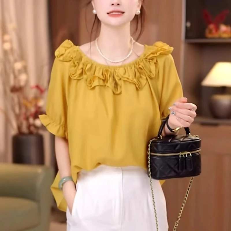 黄色短袖衬衫女士2025夏季新款洋气减龄宽松显瘦设计感木耳边上衣