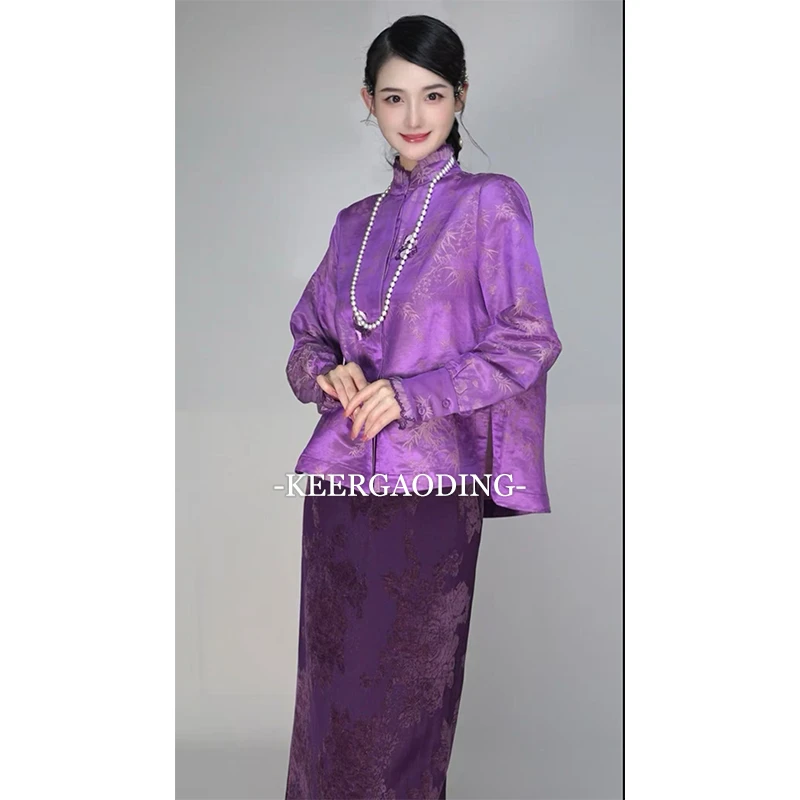 【可儿•高定】高端新中式国风设计师款提花丝麻衬衫上衣WQ-77007紫