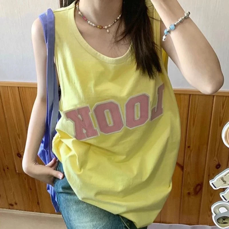 奶黄贴布设计感撞色无袖背心女夏季学院风百搭宽松上衣