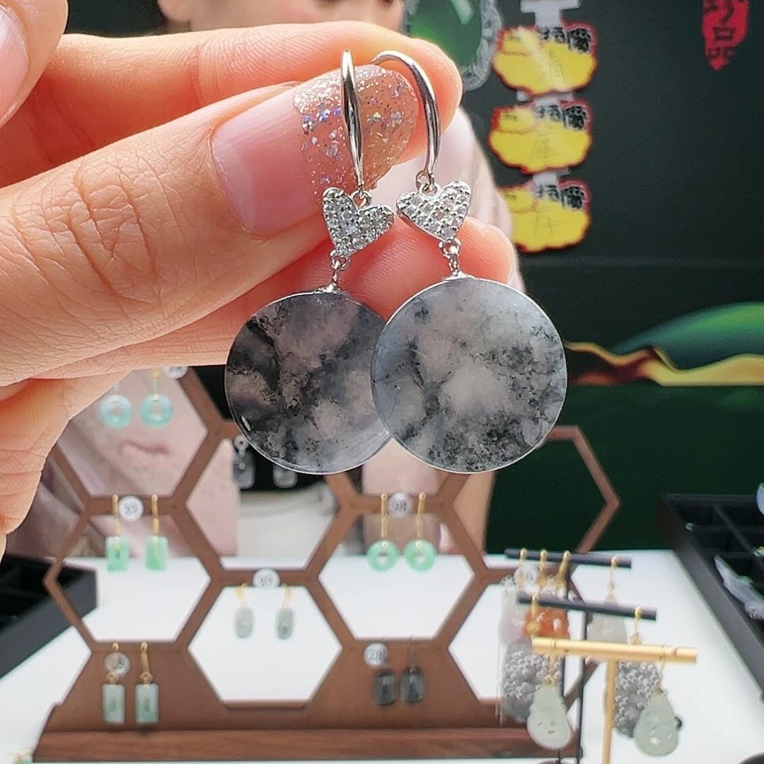 翡翠耳饰银S925镶嵌天然翡翠耳饰银s925镶嵌