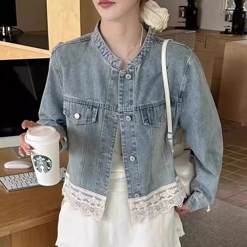 设计感立领蕾丝牛仔短外套女2025春秋新款拼接小个子气质夹克衬衫
