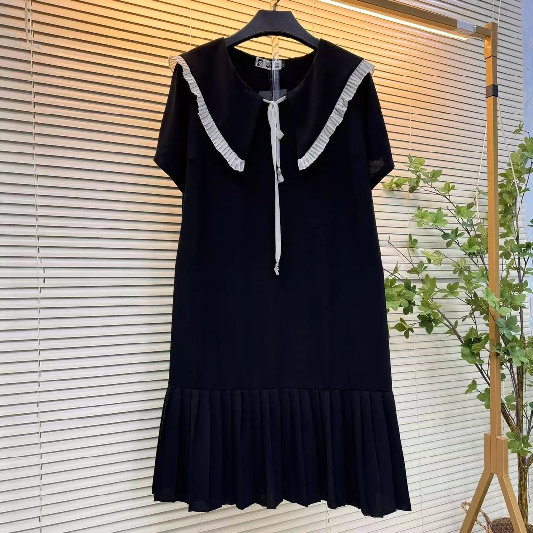 法式赫本风连衣裙女夏2025年新款娃娃领a裙百褶裙宽松大码小黑裙