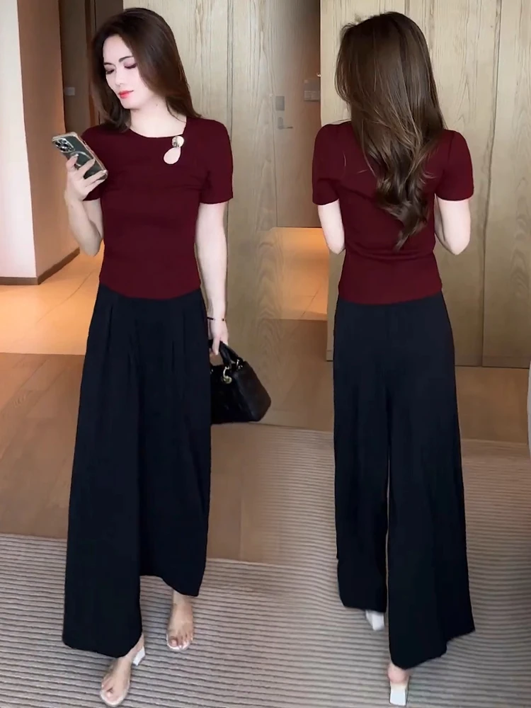 时尚套装女2025夏季新款洋气显瘦设计感T恤上衣阔腿裤休闲两件套