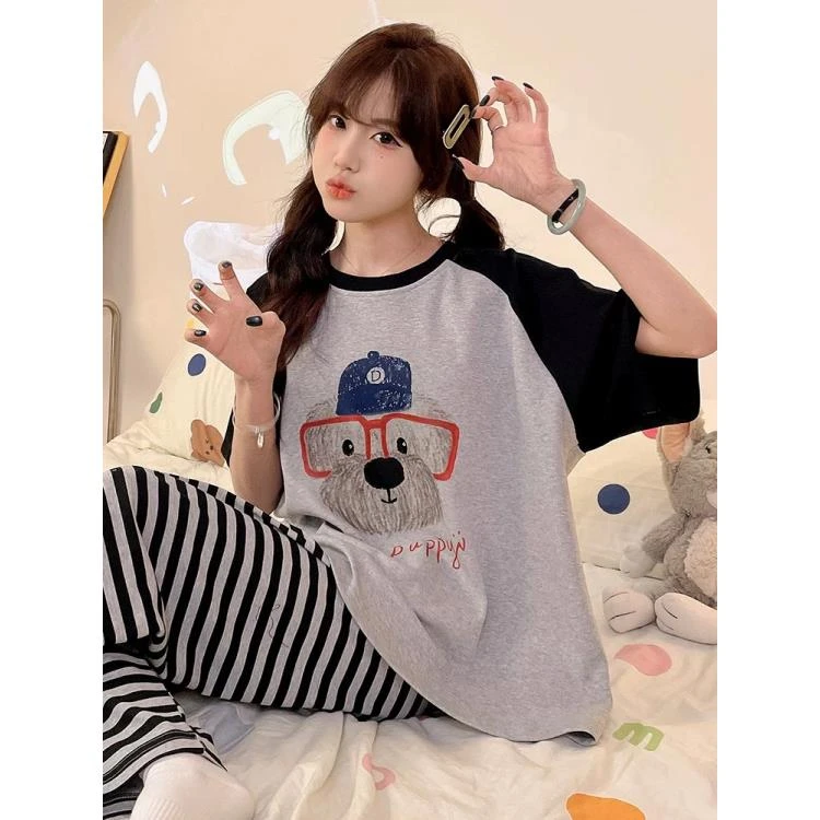 睡衣女夏季新款纯棉短袖长裤时尚韩版可外穿家居服（条纹眼镜熊）