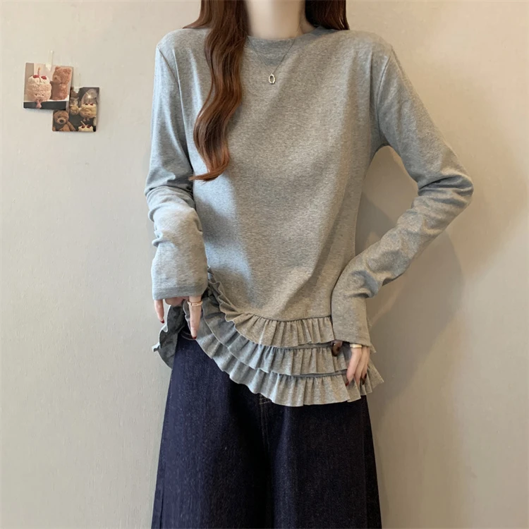 芭蕾风花边下摆长袖T恤2025春秋新款大码女装胖mm遮肚打底衫上衣