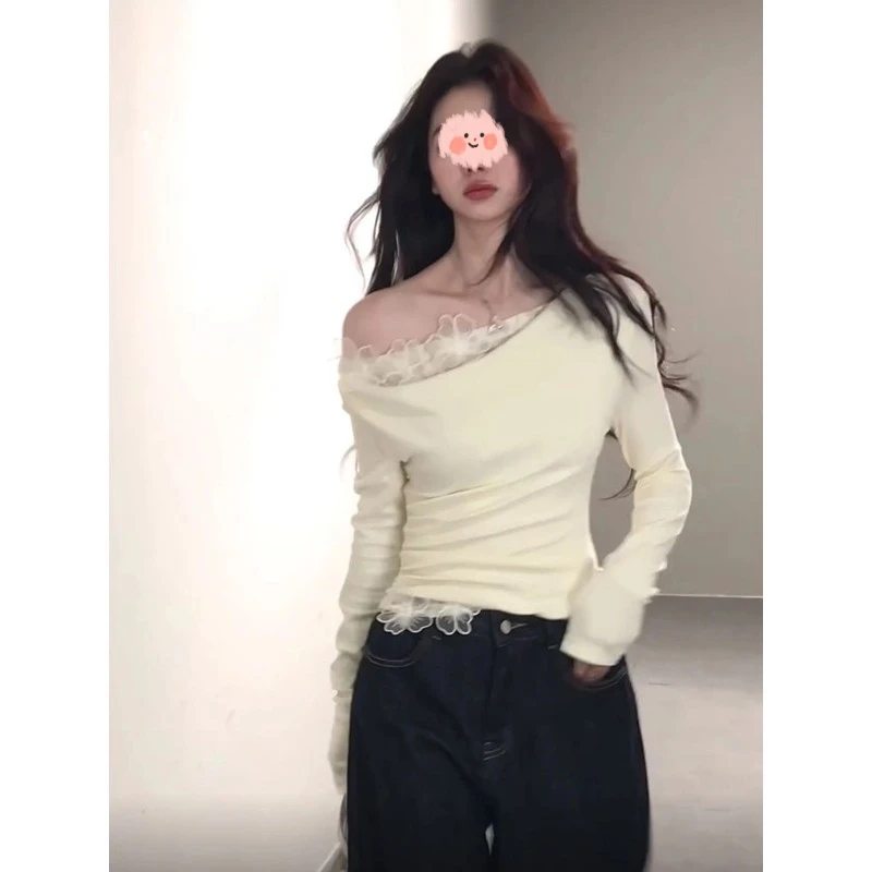 一字肩荡领纯欲上衣女秋冬小香风假两件加绒蕾丝打底衫内搭高级感