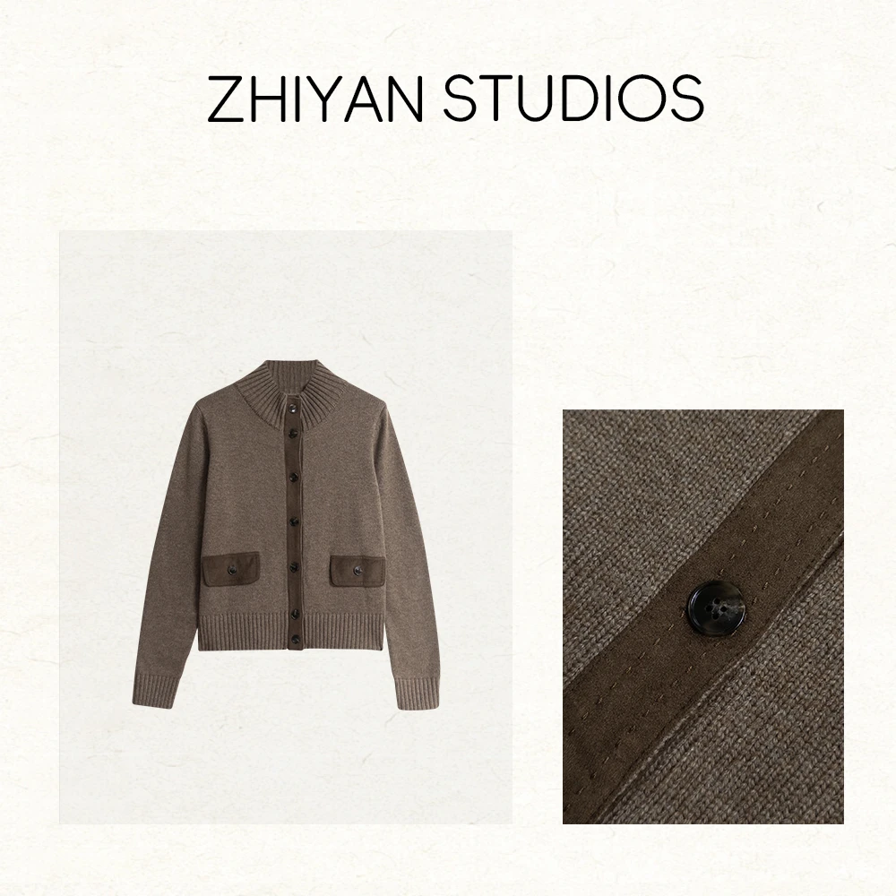 【拼色】时尚立领长袖撞色羊毛针织开衫8386