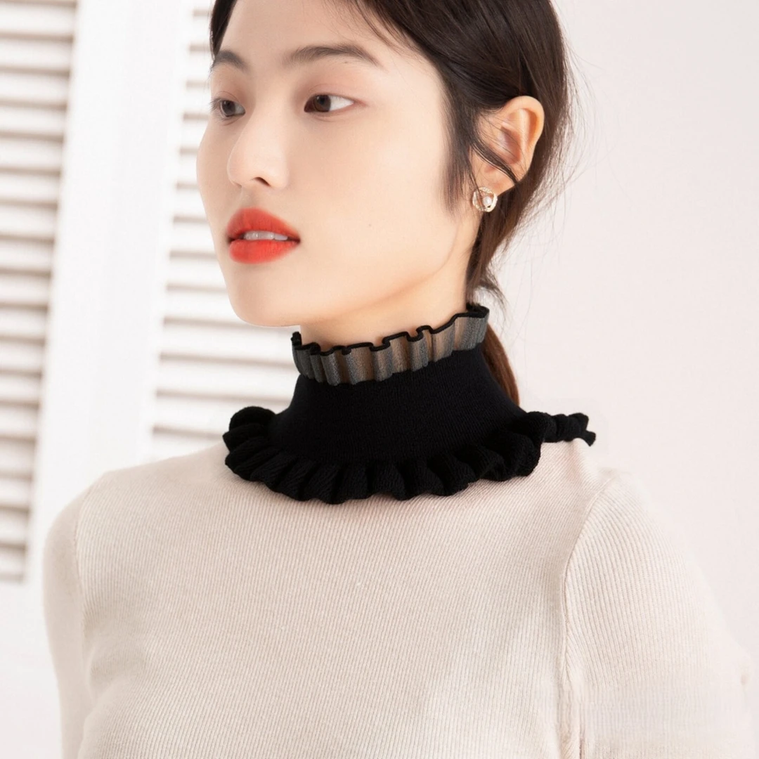 休闲风针织护脖保暖半高领韩式百搭假领多功能韩版女士蕾丝褶皱领