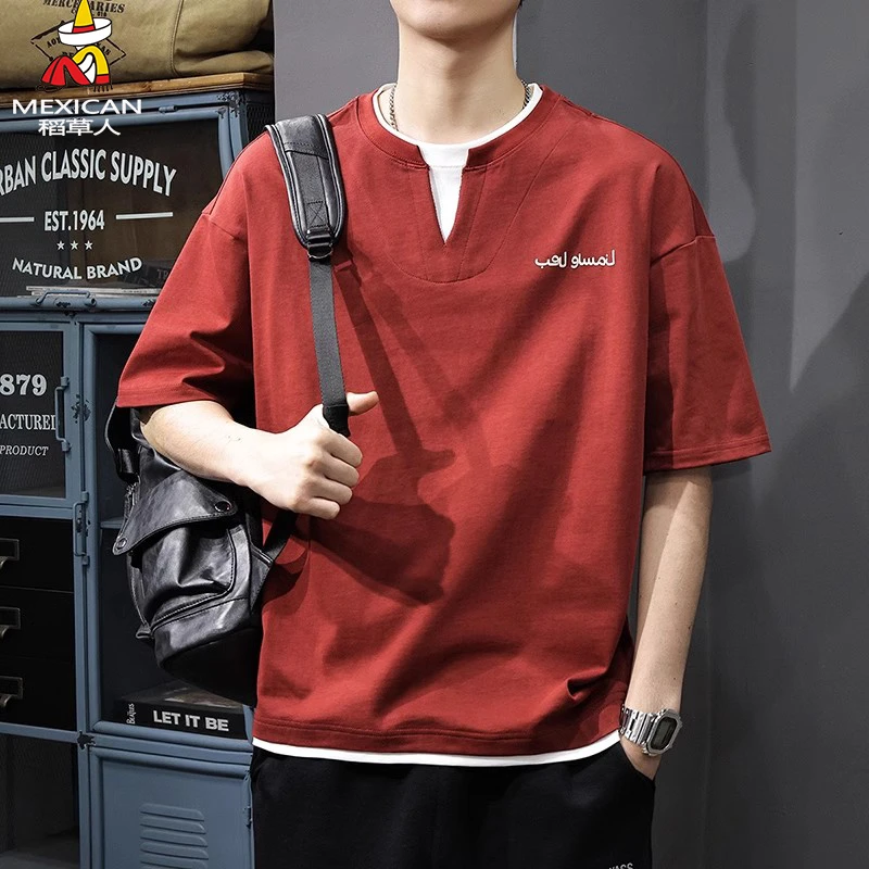 稻草人短袖男t恤2025夏季新款假两件V领宽松半袖纯棉休闲服男上衣