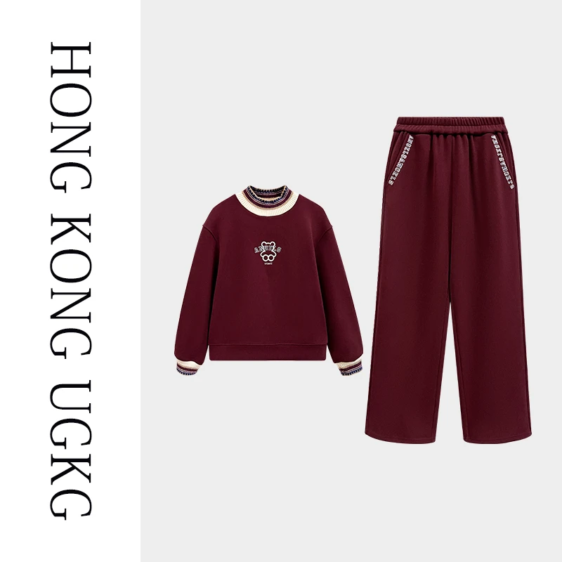 香港UGKG新年红色刺绣休闲运动两件套套装女加绒加厚冬73244ZH003