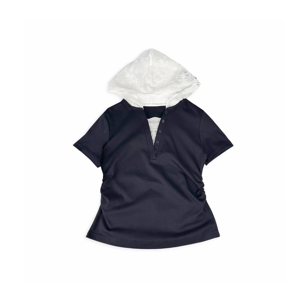 简约舒适拼接蕾丝连帽气质短袖T恤 W60615