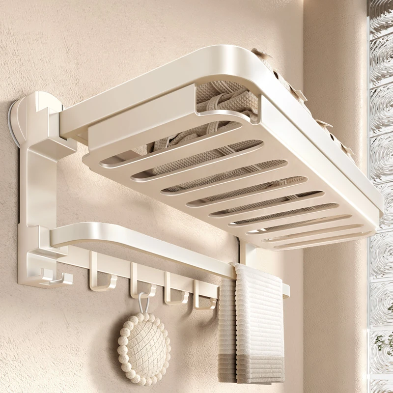 奶油风浴室吸盘浴巾架卫生间置物架免打孔壁挂毛巾架一体厕所架子