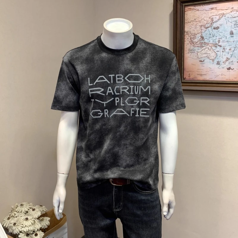 佩托本那高档夏季男士字母印花晕染短袖T恤宽松潮流休闲百搭半袖